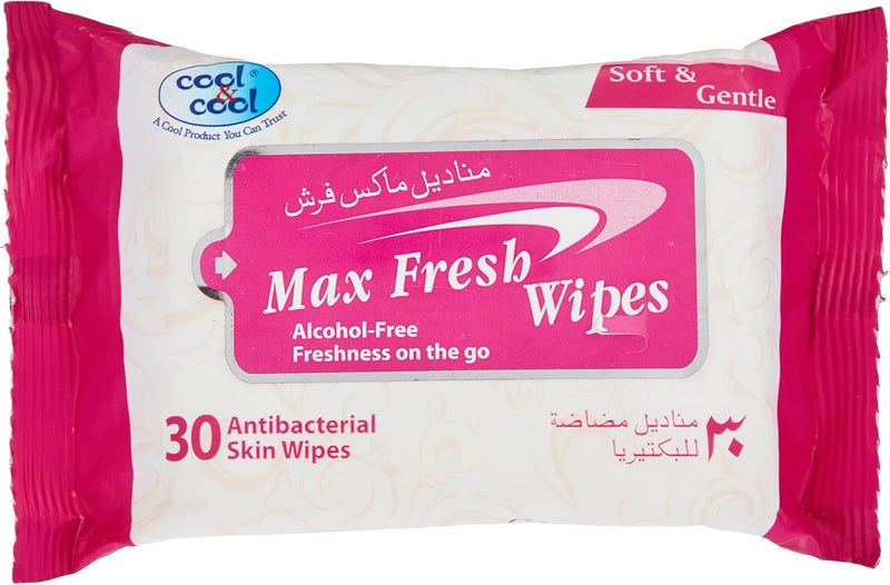 Cool & Cool Max Fresh Wipes - 30 Antibacterial Skin Wipes with Vitamin E and Aloe Vera - Image 1